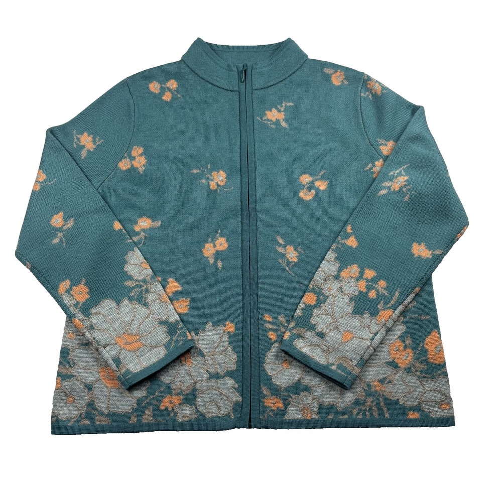 Pendleton Merino Wool Full Zip Cardigan Sweater Floral Teal Blue Womens Size L - Picture 1 of 16